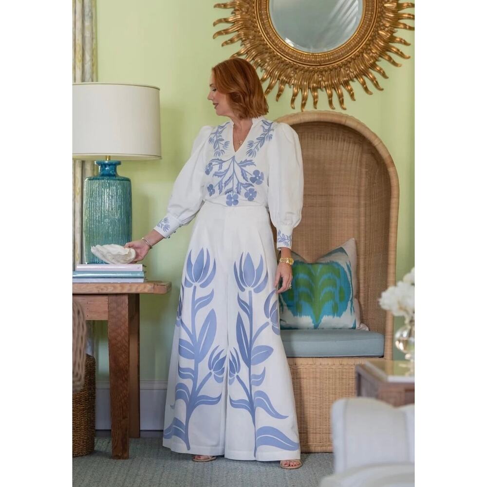 Emily McCarthy High Waisted Paisley Pant- Dutch Tile NWT size large - Picture 1 of 9